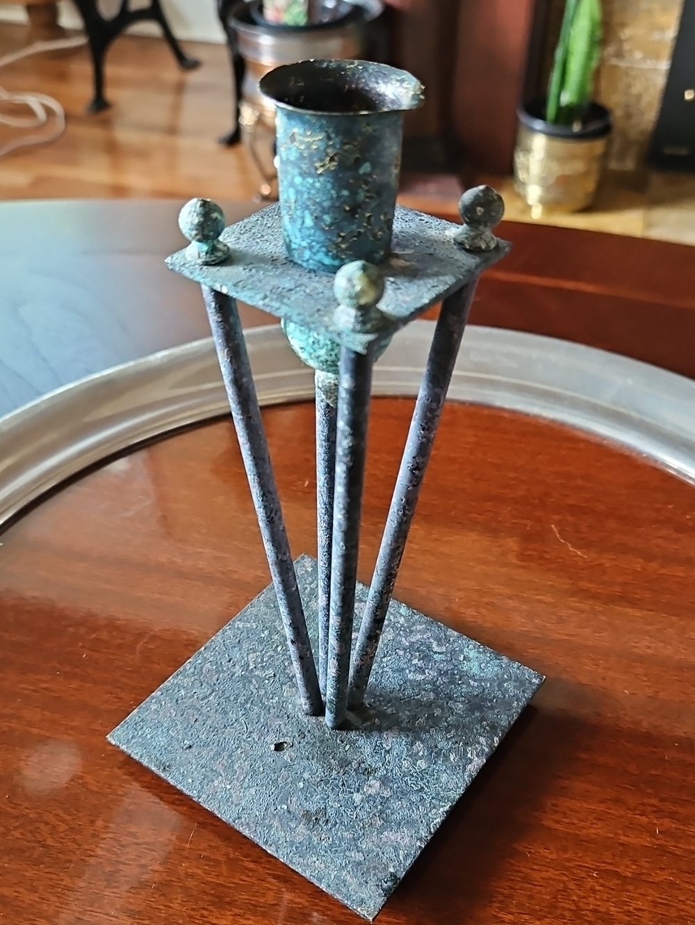 VTG Postmodern Memphis Style Verdigris Metal Candlestick Holder